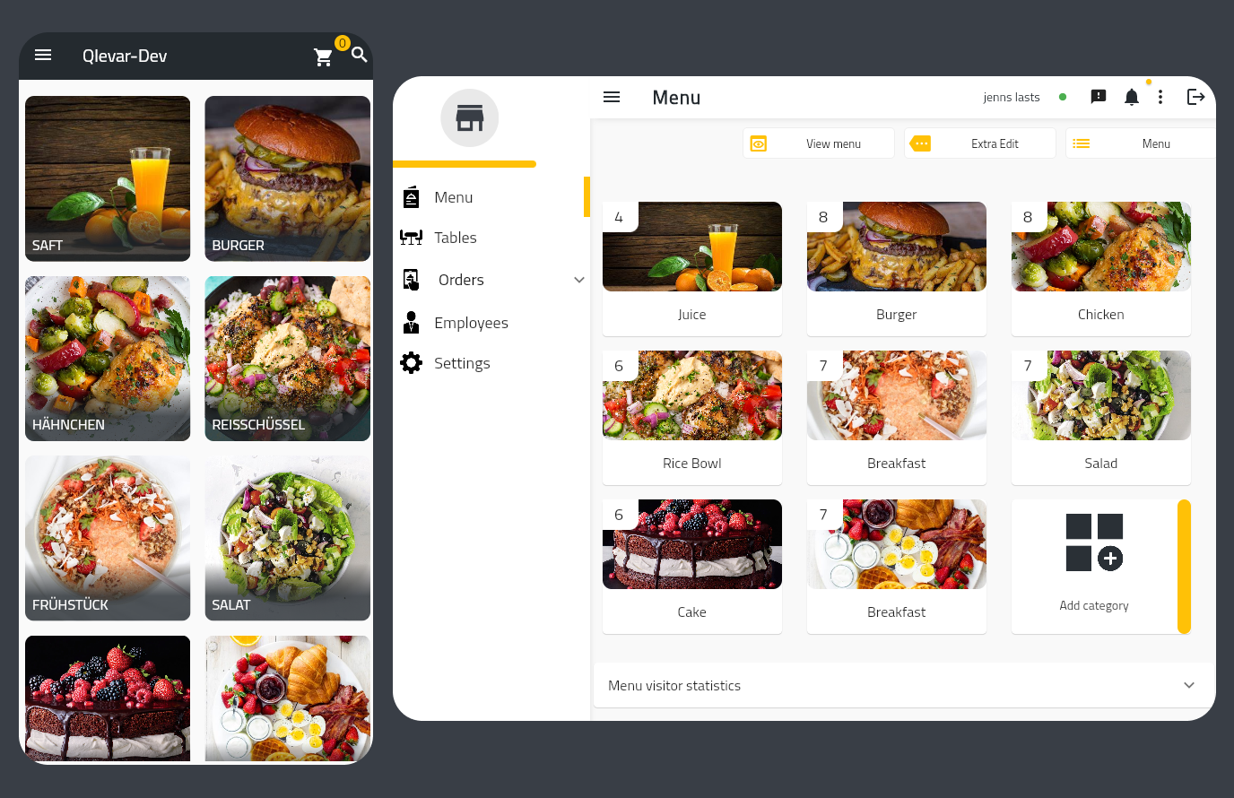 Qlevar restaurant management platform on tablet device showing menu interface