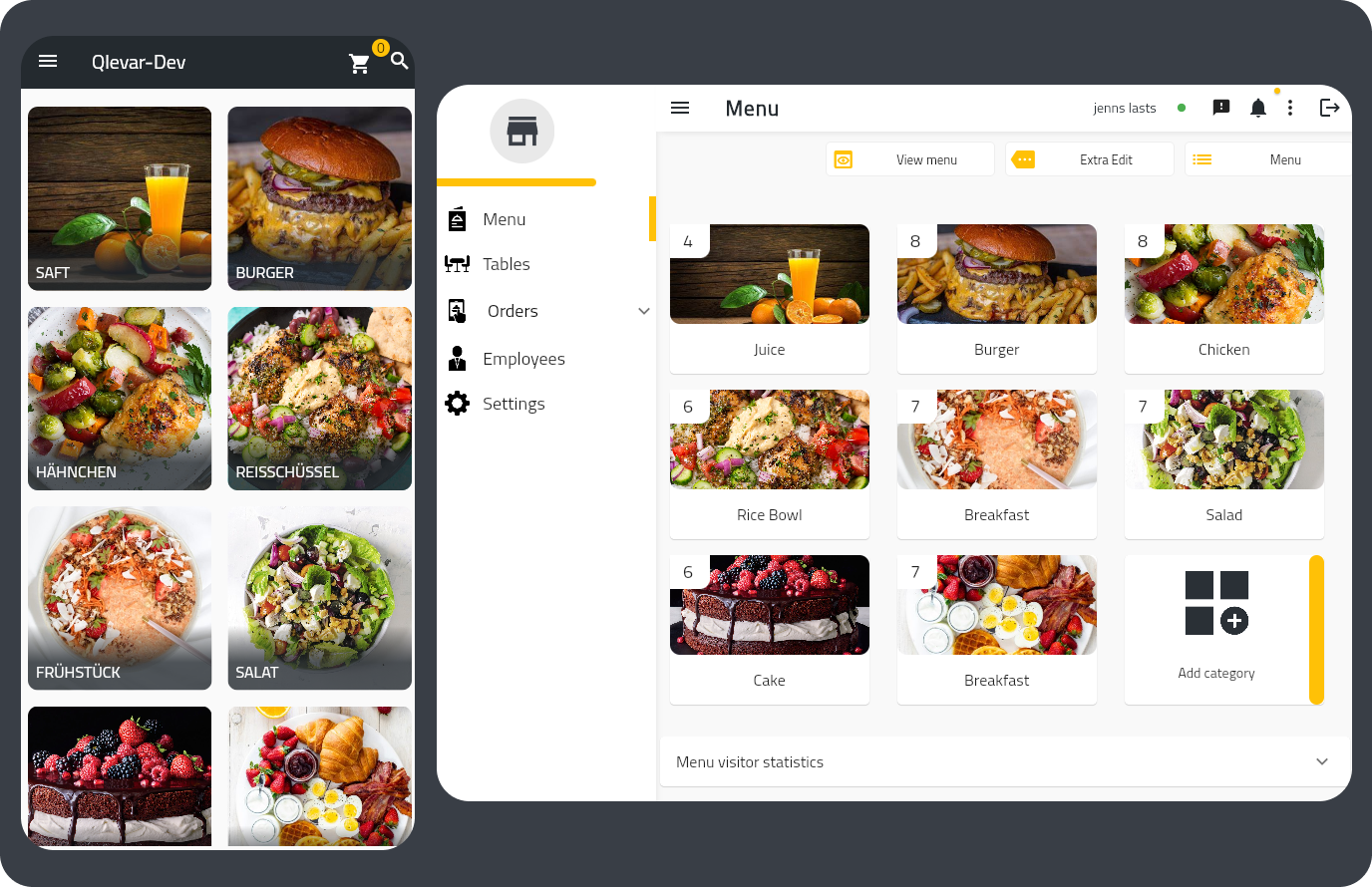 Qlevar menu management interface showing multilanguage options