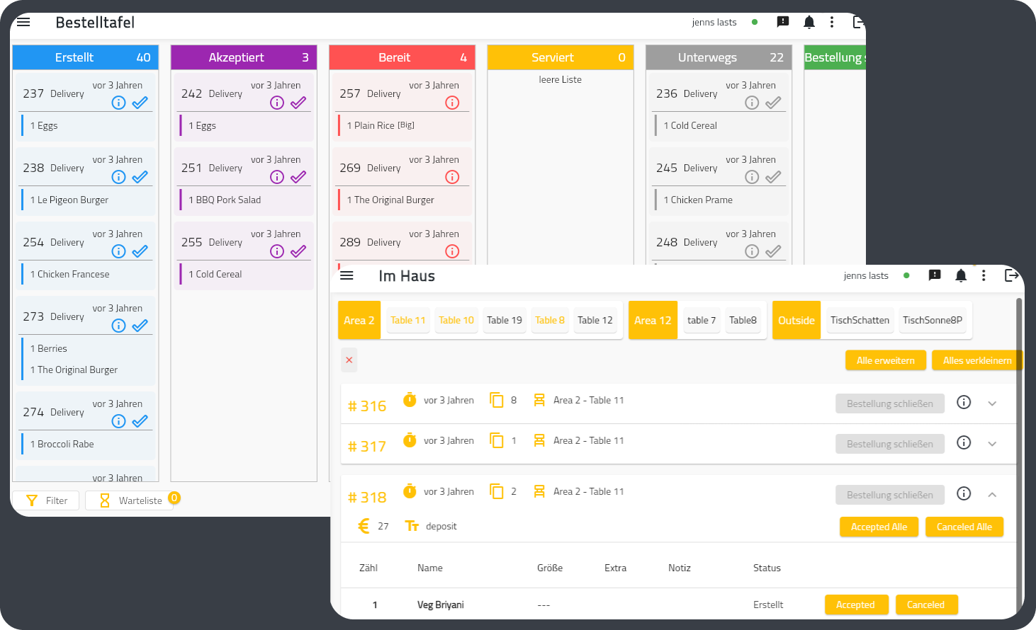 Qlevar table management dashboard showing table status and orders
